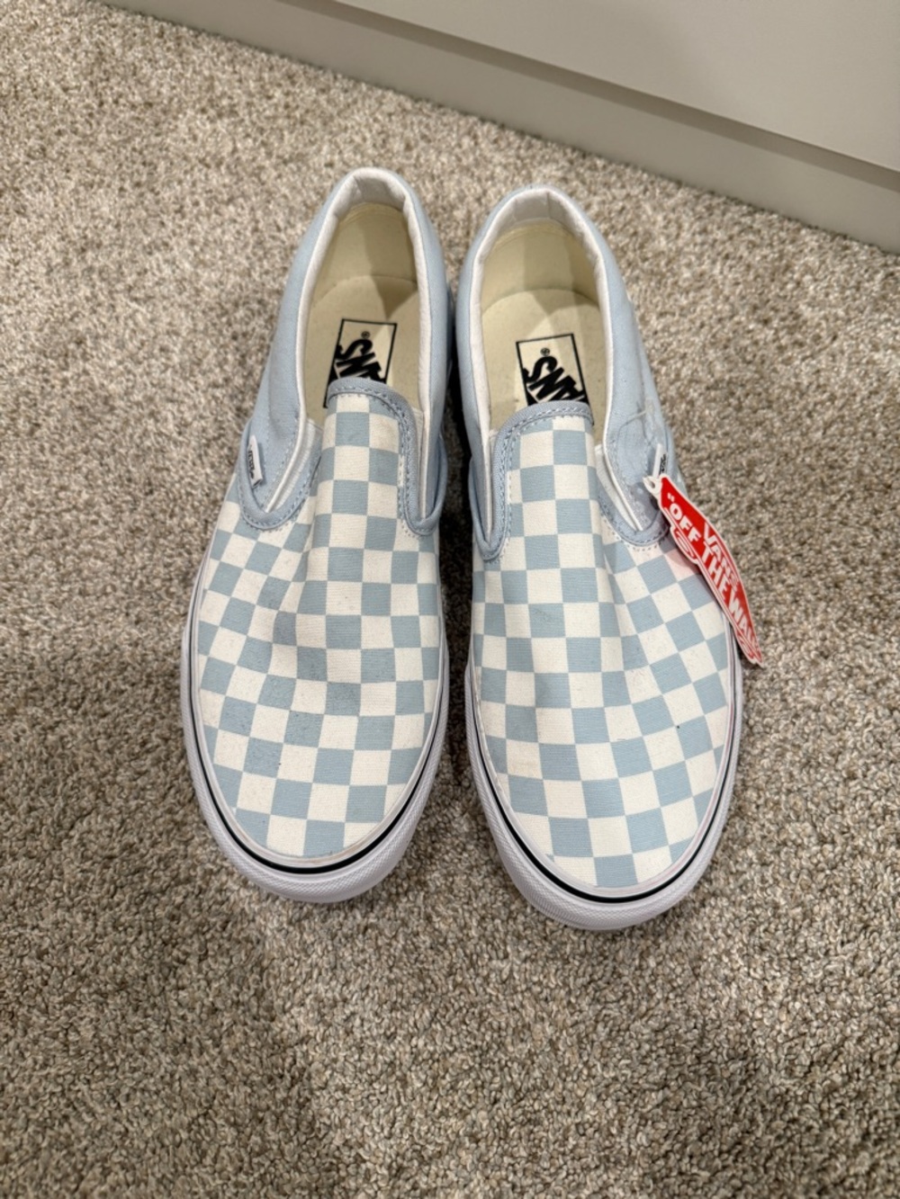 Vans Women’s Checkerboard Slip-On Sneakers in Light Blue and White